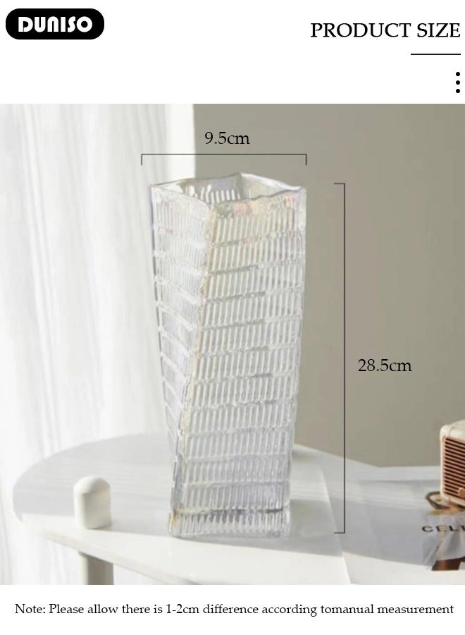 DUNISO Clear Glass Vase, Modern Decorative Vase, Large Irregular Shape Vintage Flower Vase, Minimalist Ins Style Embossed Glass Vase for Wedding Table Decorations Centerpieces, Crystal Vase for Living Room, Bedroom, Kitchen, Dining Table, Mantle  - Image 4