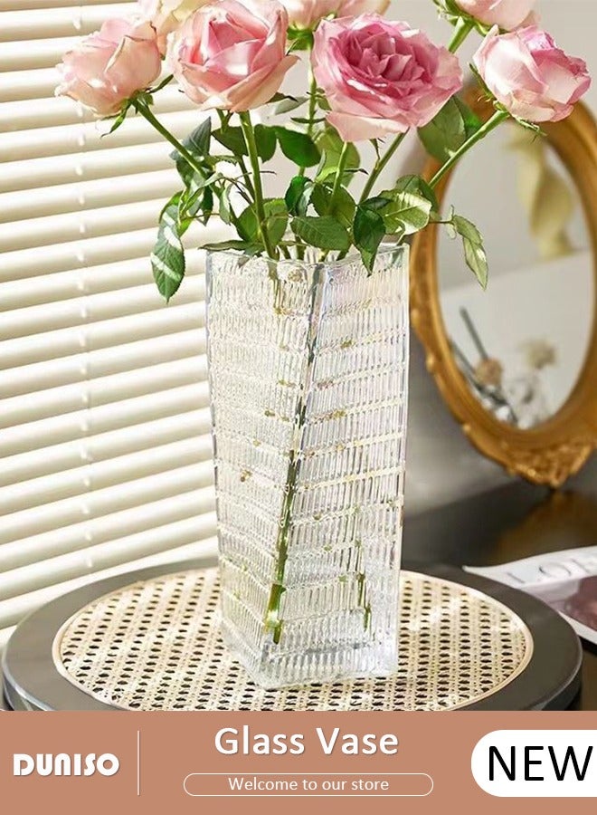 DUNISO Clear Glass Vase, Modern Decorative Vase, Large Irregular Shape Vintage Flower Vase, Minimalist Ins Style Embossed Glass Vase for Wedding Table Decorations Centerpieces, Crystal Vase for Living Room, Bedroom, Kitchen, Dining Table, Mantle  - Image 1