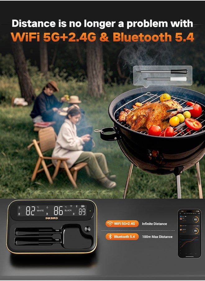INKBIRD - INKBIRD Wireless BBQ Thermometer INT-12-BW, Long and Short Probes, WiFi 5G 2.4G and Bluetooth 5.4, Full-View-Angle Backlit LCD, IP67 Waterproof, 80 Min Offline Data Storage, Ideal for Everyday Cooking - Image 1