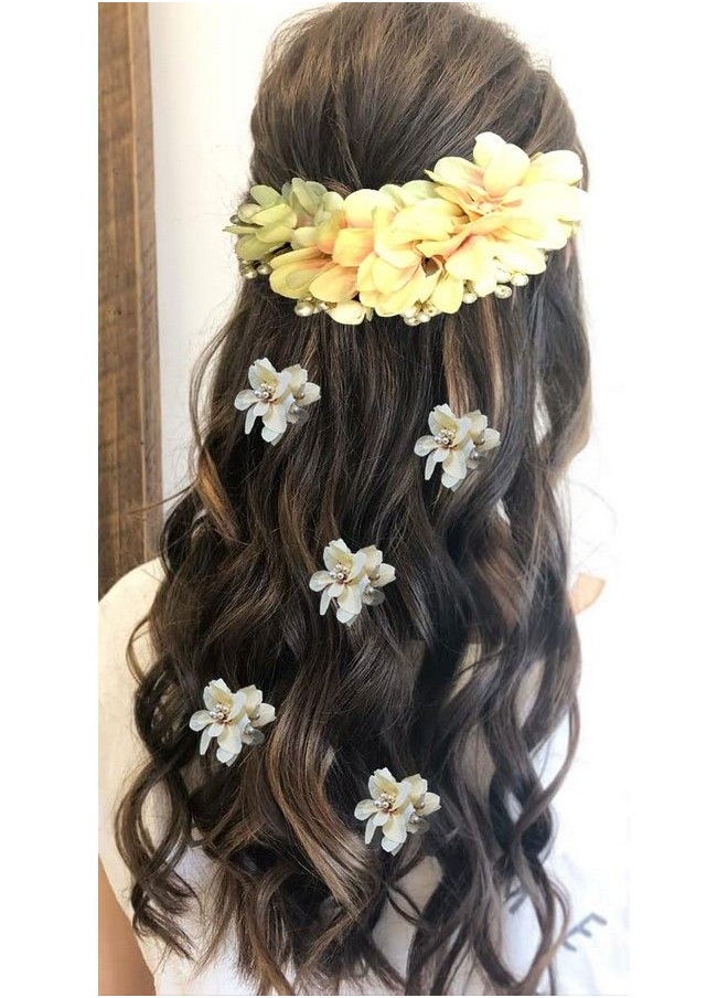 Hair Flare Artificial Flower With Pearl Bridal Hair Pin ; Hair Accessories ; Judapin For Women & Girls Peach Combo (2107/2306)  - Image 1