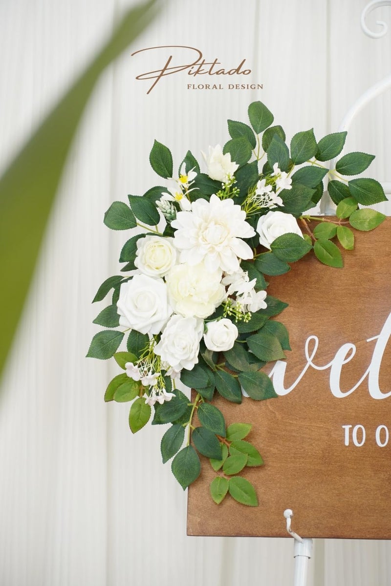 Piklado Wedding Decor (Pack of 2) Welcome Sign Flower Backdrop Garland for Ceremony Reception Wall Easel Home Decoration Entryway Faux Outdoor Board Head Table Decor (White) - Image 5