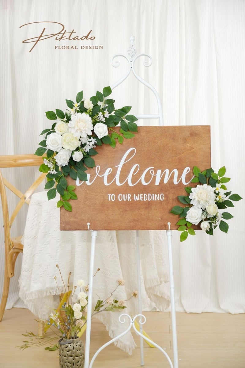 Piklado Wedding Decor (Pack of 2) Welcome Sign Flower Backdrop Garland for Ceremony Reception Wall Easel Home Decoration Entryway Faux Outdoor Board Head Table Decor (White) - Image 4