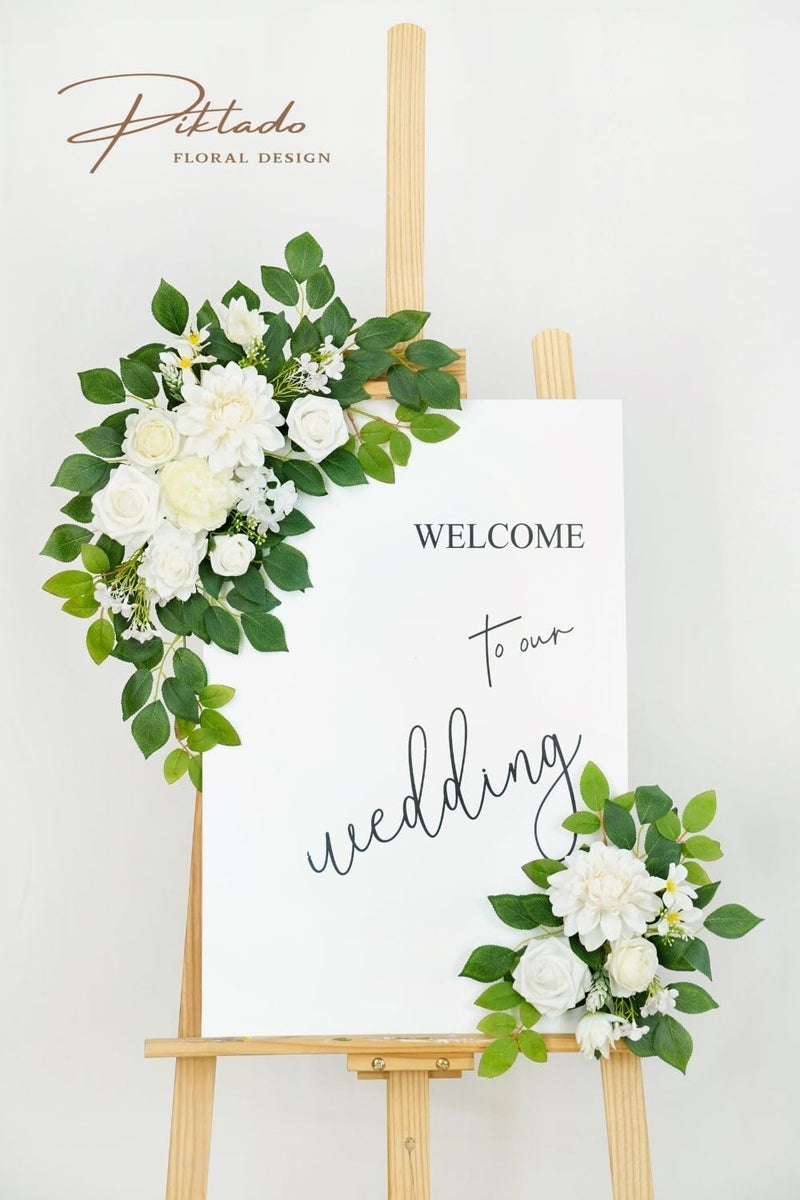 Piklado Wedding Decor (Pack of 2) Welcome Sign Flower Backdrop Garland for Ceremony Reception Wall Easel Home Decoration Entryway Faux Outdoor Board Head Table Decor (White) - Image 2