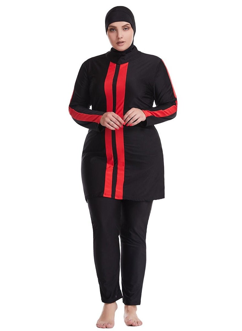 Loquat Womens 3-Piece Swimwear Set Conservative Style Long Sleeve Burkinis Swimsuit Set Black/Red  - Image 1