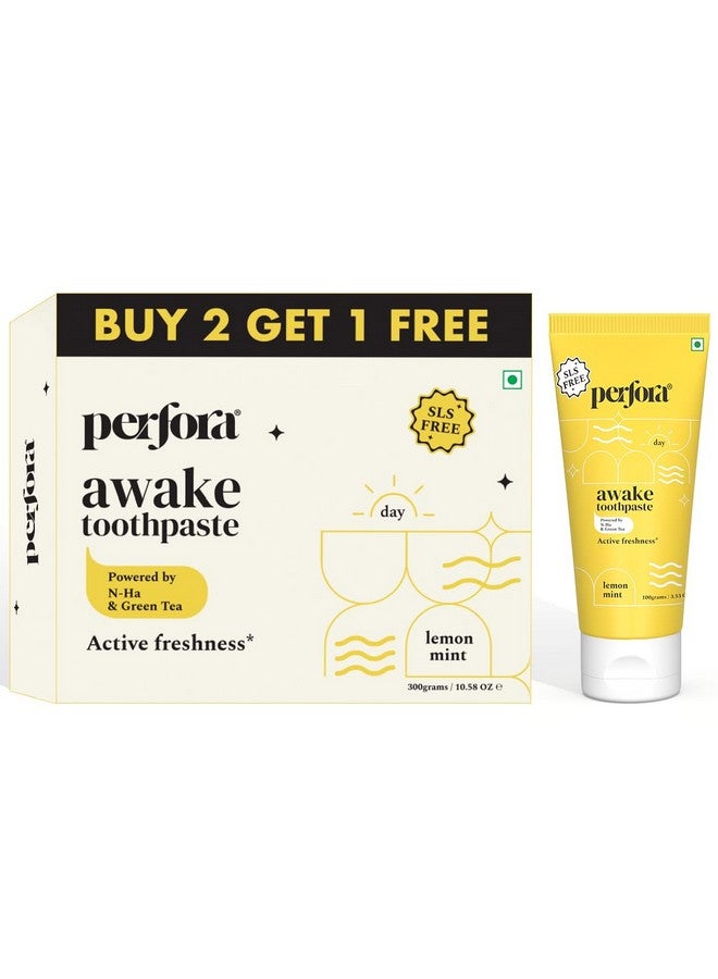 Perfora Awake Toothpaste - Lemon Mint, 300G (3X 100G) | Active Freshness Cavity Prevention | Vitamin Enriched Sls & Fluoride Free Tooth Paste |N-Ha For Teeth Remineralisation |Healthy Gums & Oral Care - Image 1
