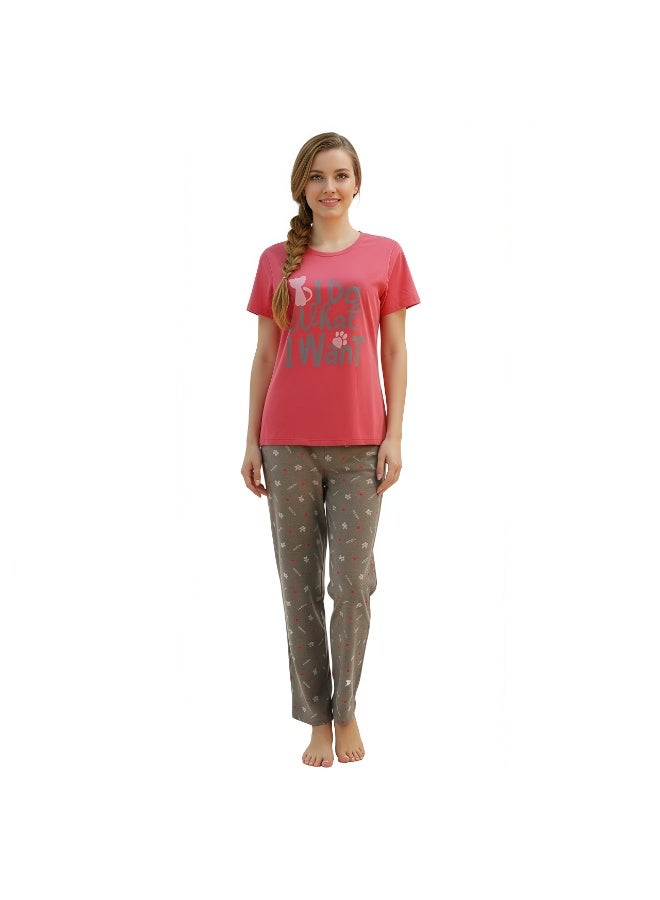 JOANNA Women's Animal & Letters Print Short Sleeve Shirt & Long Pants Pajama Set, Red/Brown - Image 1