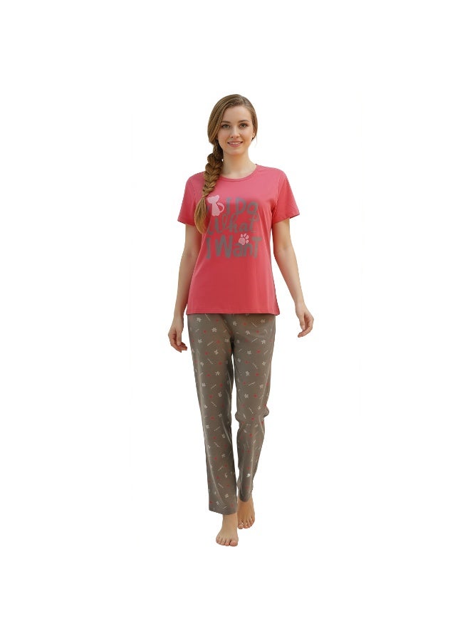JOANNA Women's Animal & Letters Print Short Sleeve Shirt & Long Pants Pajama Set, Red/Brown - Image 2