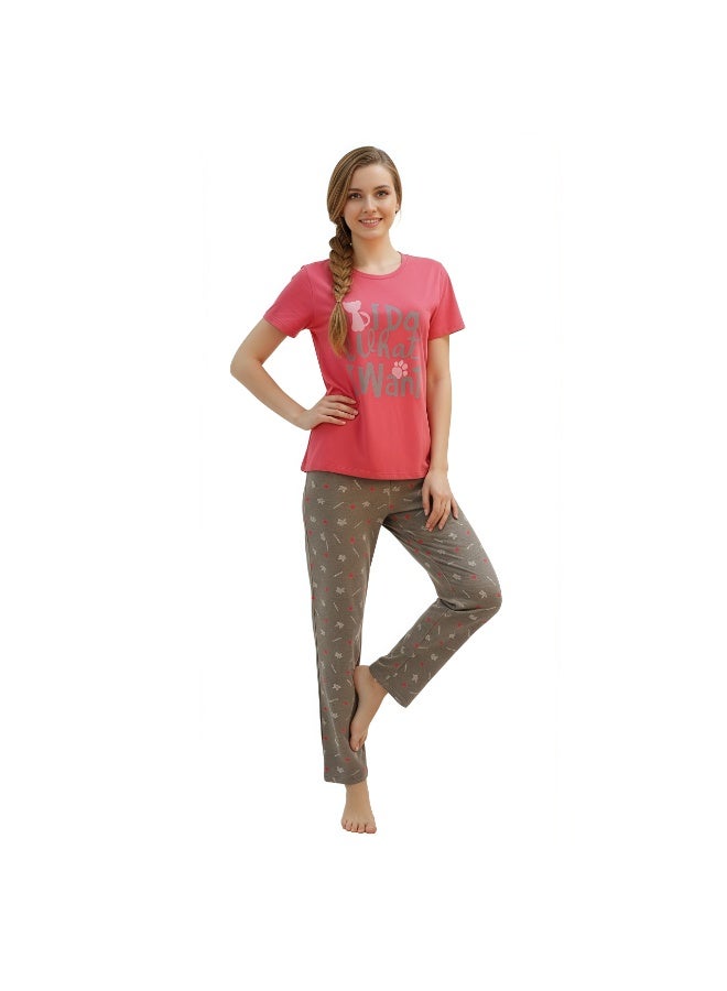 JOANNA Women's Animal & Letters Print Short Sleeve Shirt & Long Pants Pajama Set, Red/Brown - Image 3