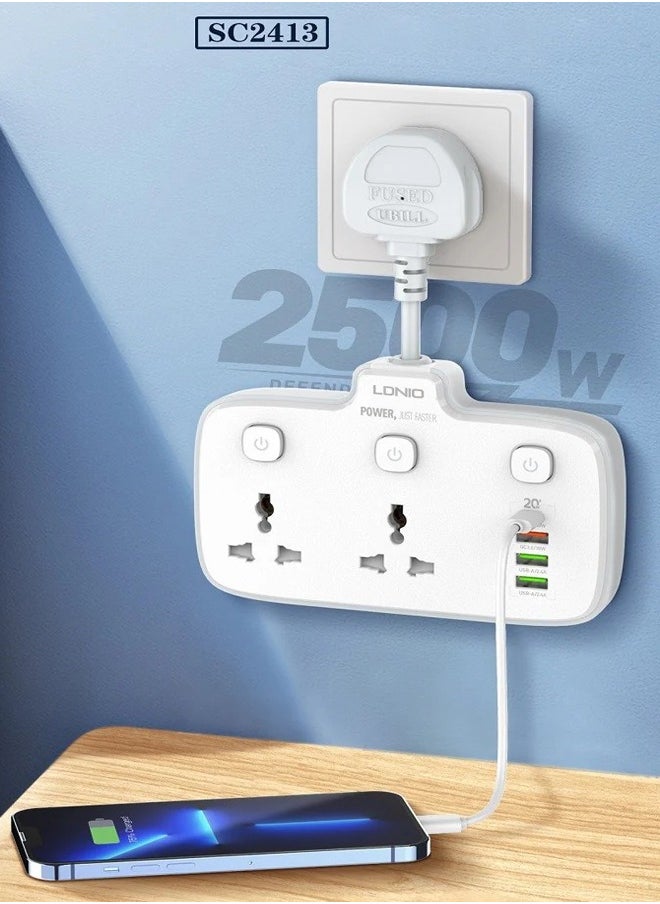 LDNIO - Multi Plug Adaptor, 2 Way Plugs Extension Multi Sockets Wall Charger Adapter with 1 PD & 1 QC3.0 And 2 Auto I'D Ports, 2500W Power Socket for Home, Office And More - Image 1
