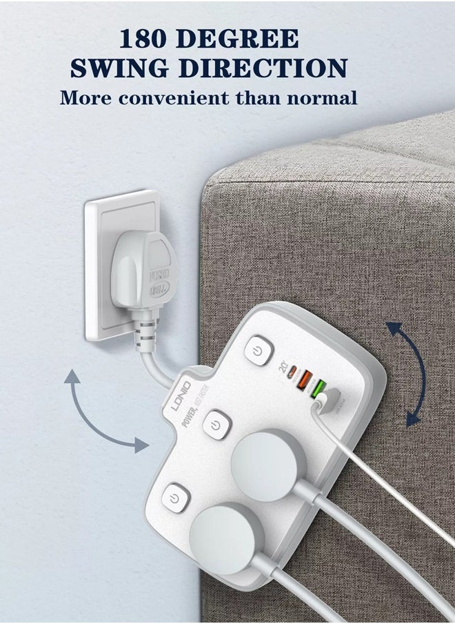 LDNIO - Multi Plug Adaptor, 2 Way Plugs Extension Multi Sockets Wall Charger Adapter with 1 PD & 1 QC3.0 And 2 Auto I'D Ports, 2500W Power Socket for Home, Office And More - Image 1