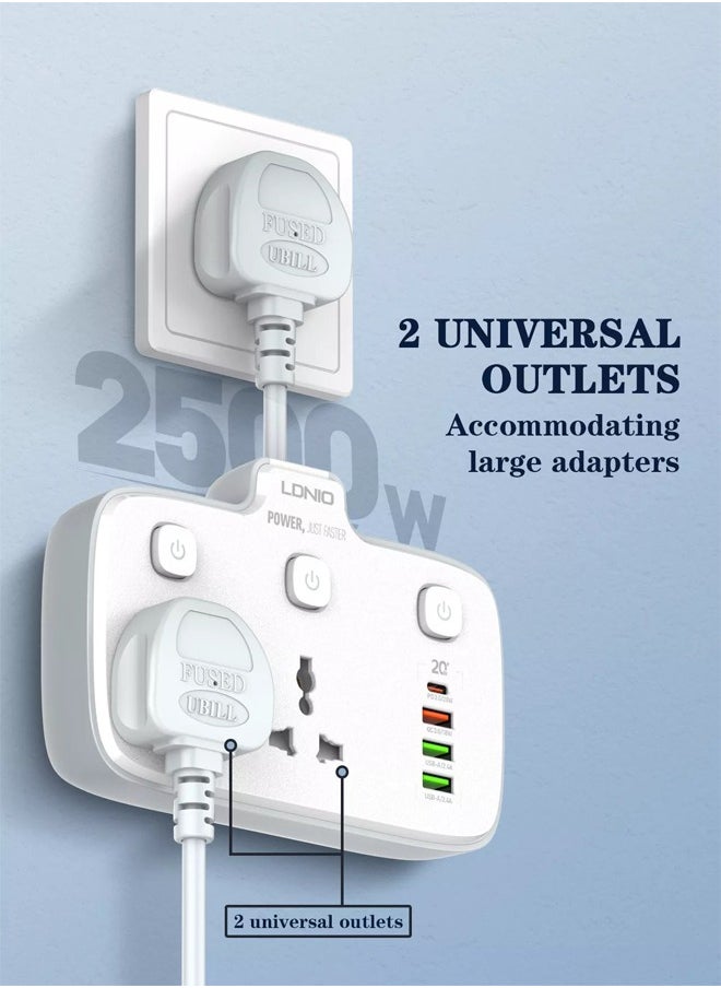 LDNIO - Multi Plug Adaptor, 2 Way Plugs Extension Multi Sockets Wall Charger Adapter with 1 PD & 1 QC3.0 And 2 Auto I'D Ports, 2500W Power Socket for Home, Office And More - Image 1