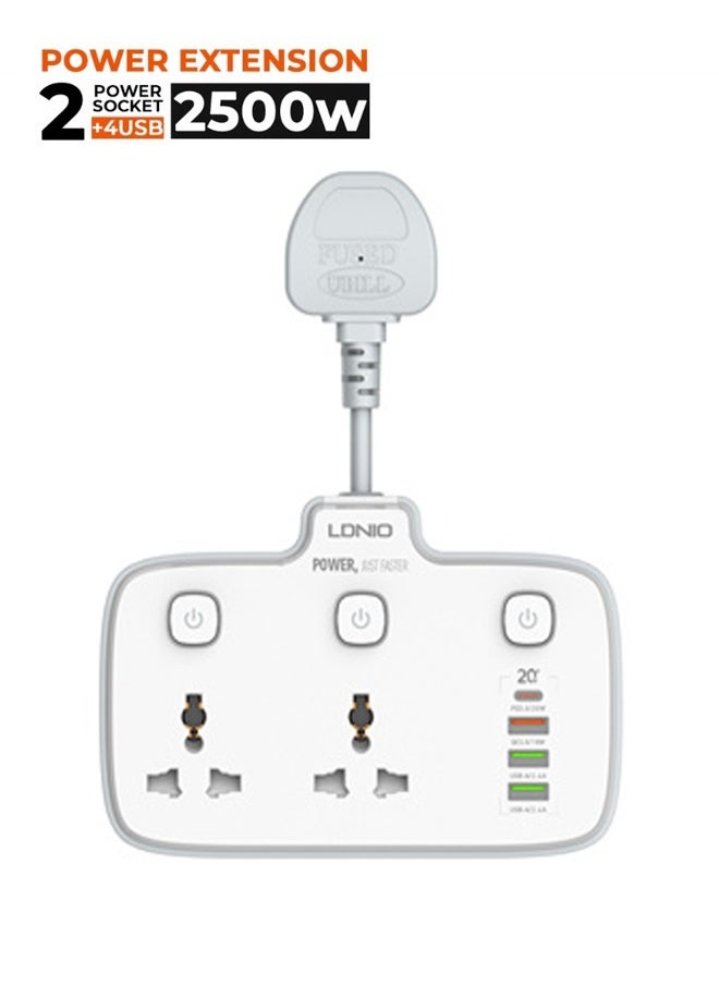 LDNIO - Multi Plug Adaptor, 2 Way Plugs Extension Multi Sockets Wall Charger Adapter with 1 PD & 1 QC3.0 And 2 Auto I'D Ports, 2500W Power Socket for Home, Office And More - Image 1