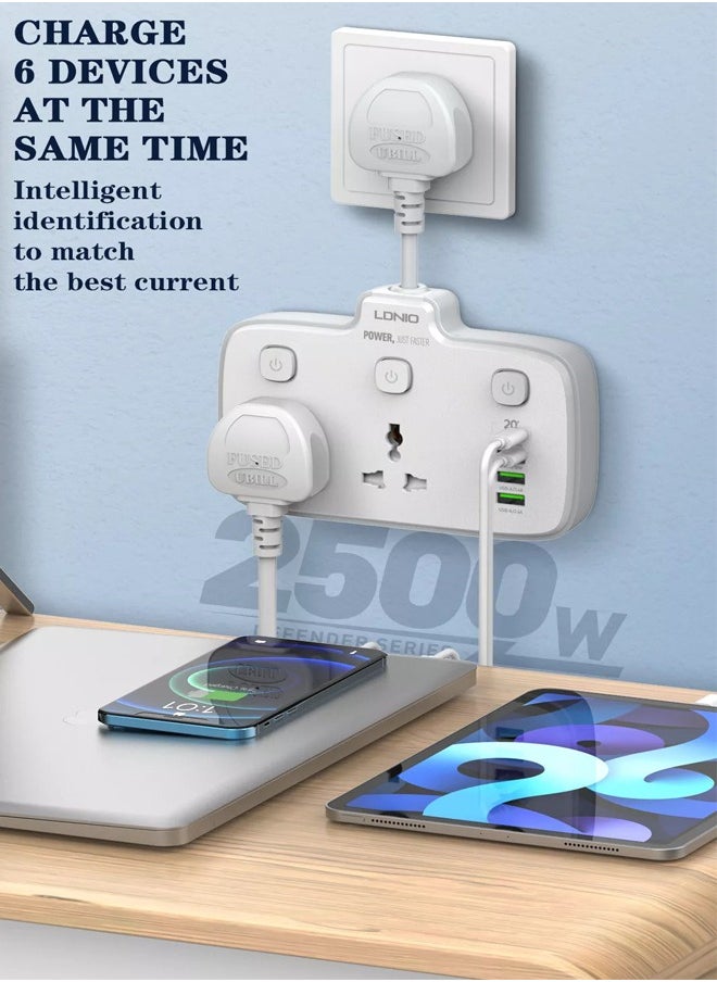 LDNIO - Multi Plug Adaptor, 2 Way Plugs Extension Multi Sockets Wall Charger Adapter with 1 PD & 1 QC3.0 And 2 Auto I'D Ports, 2500W Power Socket for Home, Office And More - Image 1