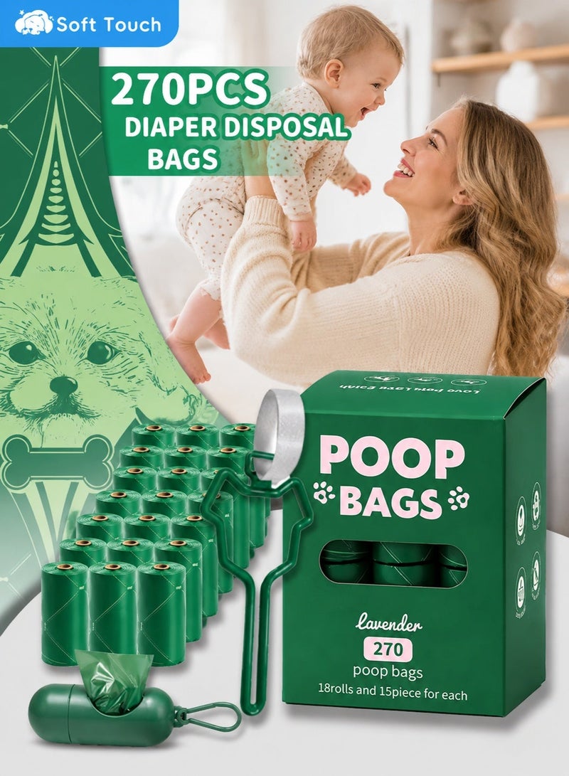 Soft Touch 270PCS Baby Diaper Disposal Bags, 18 Rolls Lavender Scented Baby Poop Bags with Portable Dispenser and Sealing Clip, Biodegradable Leak-Resistant Nappy Waste Bags for Stroller, Travel and Home - Image 1