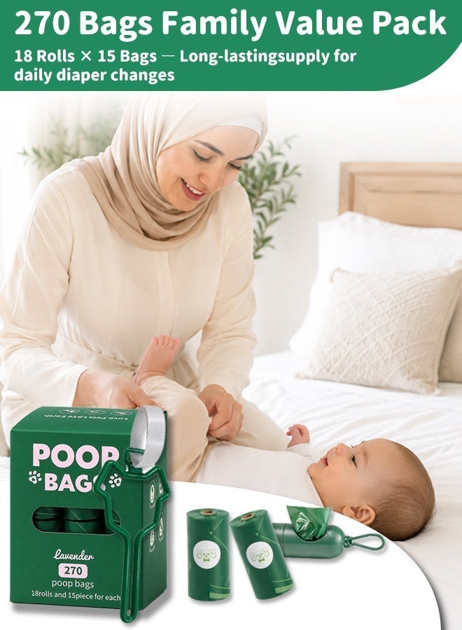 Soft Touch 270PCS Baby Diaper Disposal Bags, 18 Rolls Lavender Scented Baby Poop Bags with Portable Dispenser and Sealing Clip, Biodegradable Leak-Resistant Nappy Waste Bags for Stroller, Travel and Home - Image 2