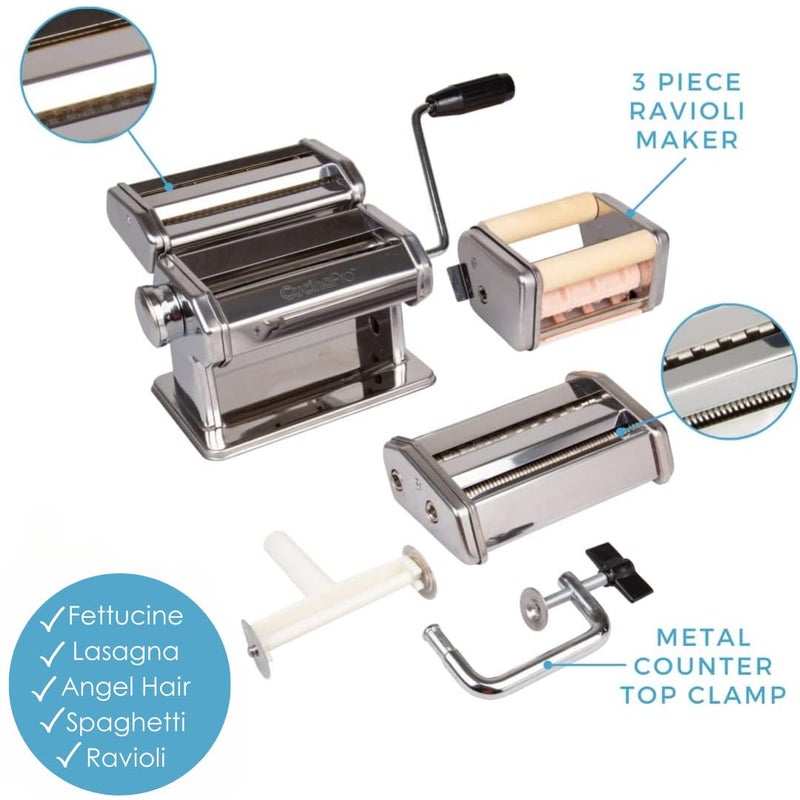 CucinaPro Pasta Maker Deluxe Set 5 pc Premium Stainless Steel Machine w Spaghetti Fettuccini Roller Angel Hair Ravioli Noodle Lasagnette Cutter Attachments- Durable Construction, Homemade Italian Dinner Party  - Image 5