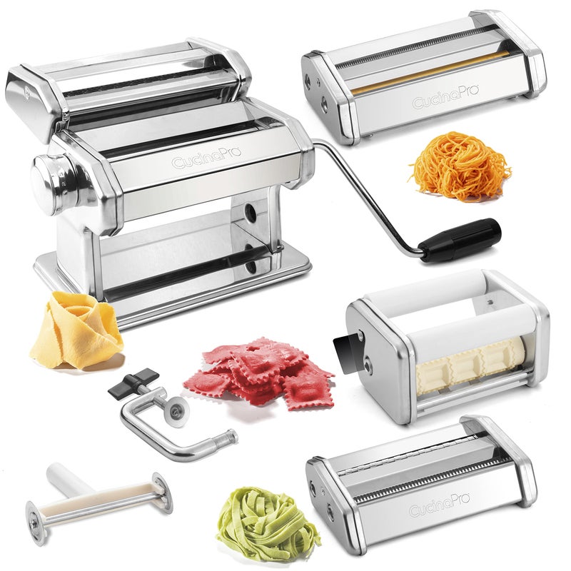 CucinaPro Pasta Maker Deluxe Set 5 pc Premium Stainless Steel Machine w Spaghetti Fettuccini Roller Angel Hair Ravioli Noodle Lasagnette Cutter Attachments- Durable Construction, Homemade Italian Dinner Party  - Image 1