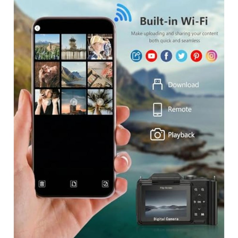 كاميرا رقمية 4K كيمرا بوينت اند شوت كاميرات رقمية كاميرا كلاسيكية كاميرا فيديو مدمجة قديمة 64 ميجابكسل كاميرا تسجيل فيديو واي فاي لليوتيوب، شاشة قلاب 3 بوصات، تكبير 18X، مقاومة للاهتزاز - Image 2