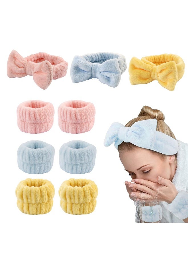 JZS Spa Bow Headband, Spa Headband Wrist Washband Scrunchies Cuffs Set for Washing Face, Towel Wristbands Hair Headband Face Wash Wristband for Women Girls Makeup - Image 1