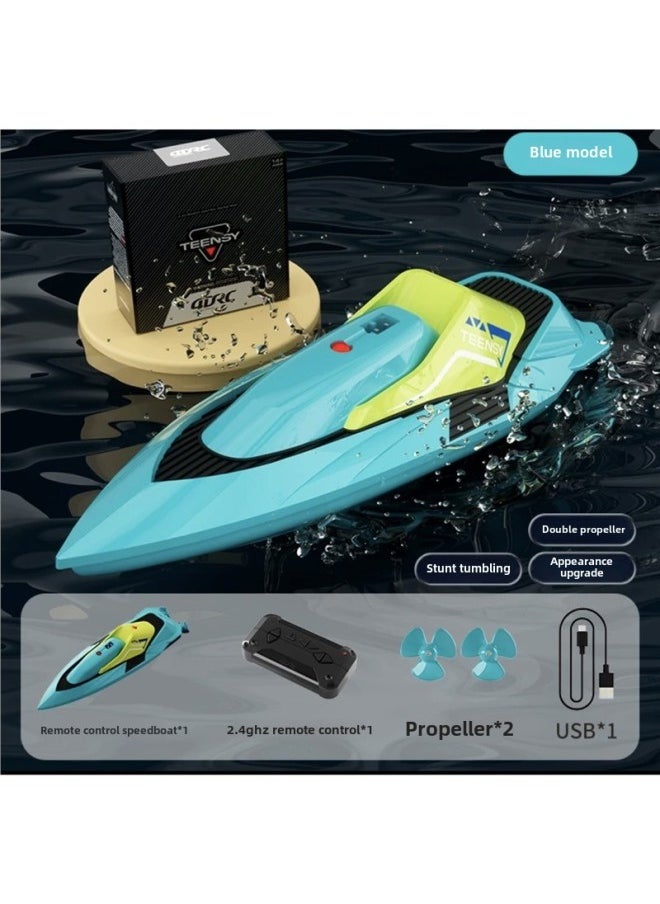 Remote Control Boat Remote Control Shark Water Waterproof Camera Charging Real High Speed Submarine Remote Control Boat Children's Toy-Color:Mini Double Rudder Speed Boat Stunt Roll + Accelerated Rotation Blue-Specifications:Standard Single Battery Includes A Set Of Batteries + Charging Cable + Gifts  - Image 1