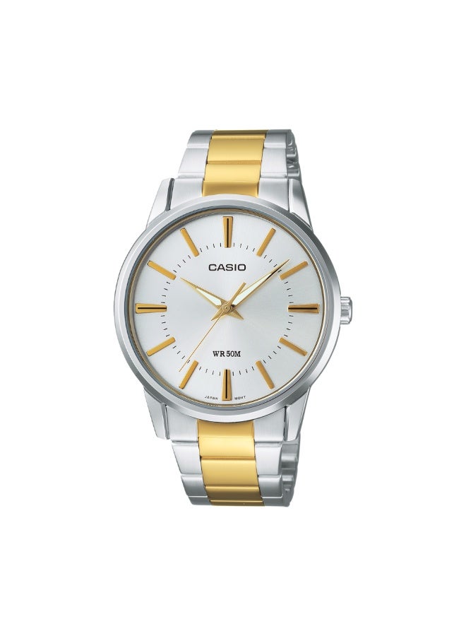كاسيو ساعة كاسيو MTP-1303SG-7AVDF تناظرية للرجال – قرص أبيض، سوار ستانلس ستيل ثنائي اللون (فضي وذهبي)، تصميم كلاسيكي أنيق - Image 1