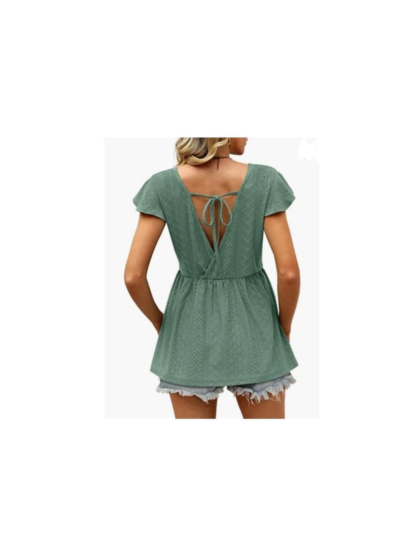 Loquat Summer New Women's Hollowed Oout Lotus Sleeve Waist Cinched Casual Blouse  - Image 2