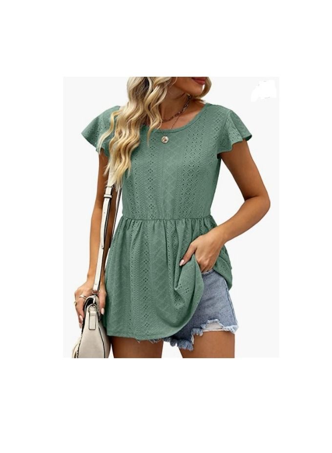 Loquat Summer New Women's Hollowed Oout Lotus Sleeve Waist Cinched Casual Blouse  - Image 1