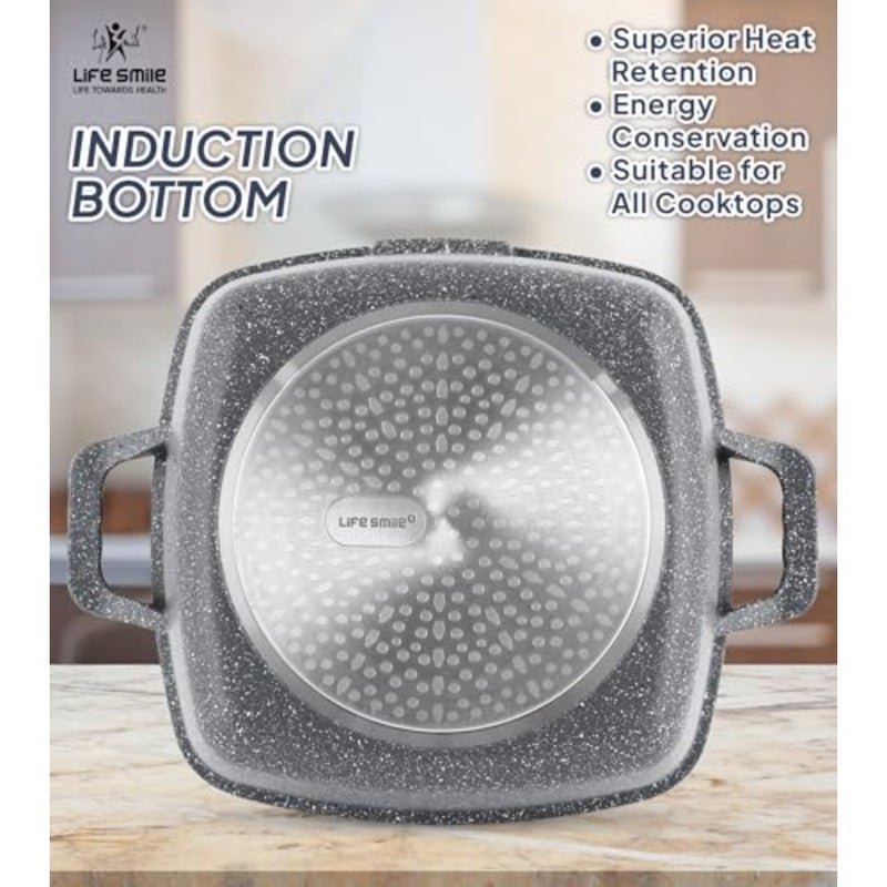 Kitchen casserole pan, granite-coated non-stick, gray, 32cm square shallow dish with lid for baking and serving - Image 2