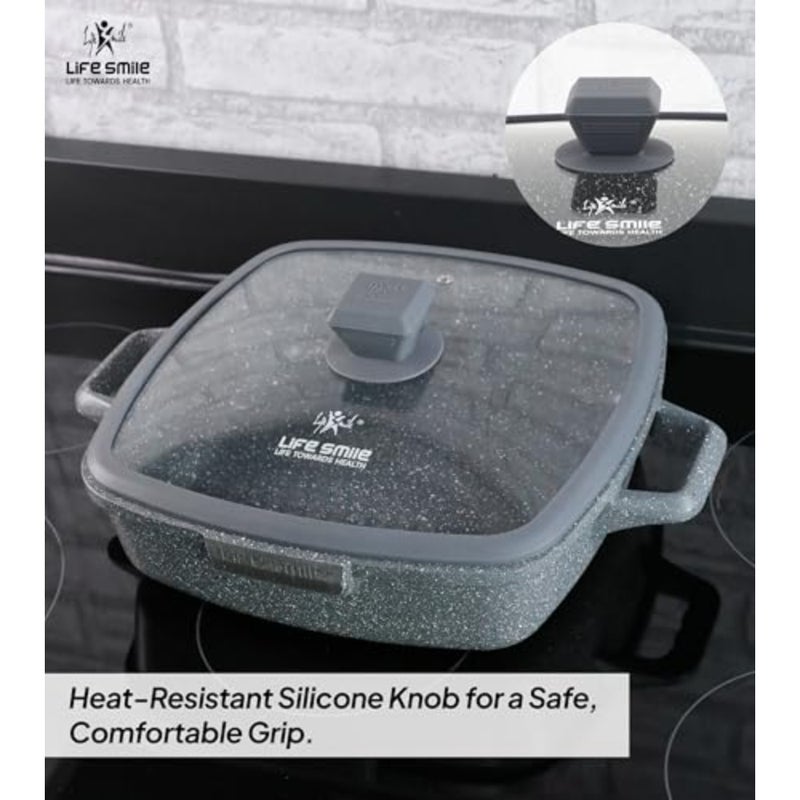 Kitchen casserole pan, granite-coated non-stick, gray, 32cm square shallow dish with lid for baking and serving - Image 5