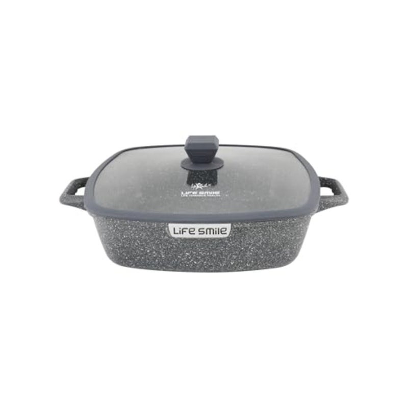 Kitchen casserole pan, granite-coated non-stick, gray, 32cm square shallow dish with lid for baking and serving - Image 1