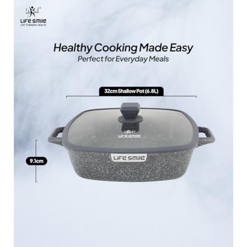Kitchen casserole pan, granite-coated non-stick, gray, 32cm square shallow dish with lid for baking and serving - Image 3