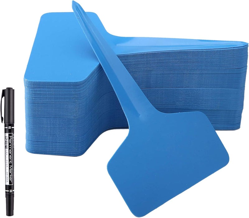 Mihey 100 Pcs T-Type Plant Labels with a Gel Pen, Waterproof Nursery Plant Tags Plastic Garden Markers, Blue, 6 x 10cm - Image 1