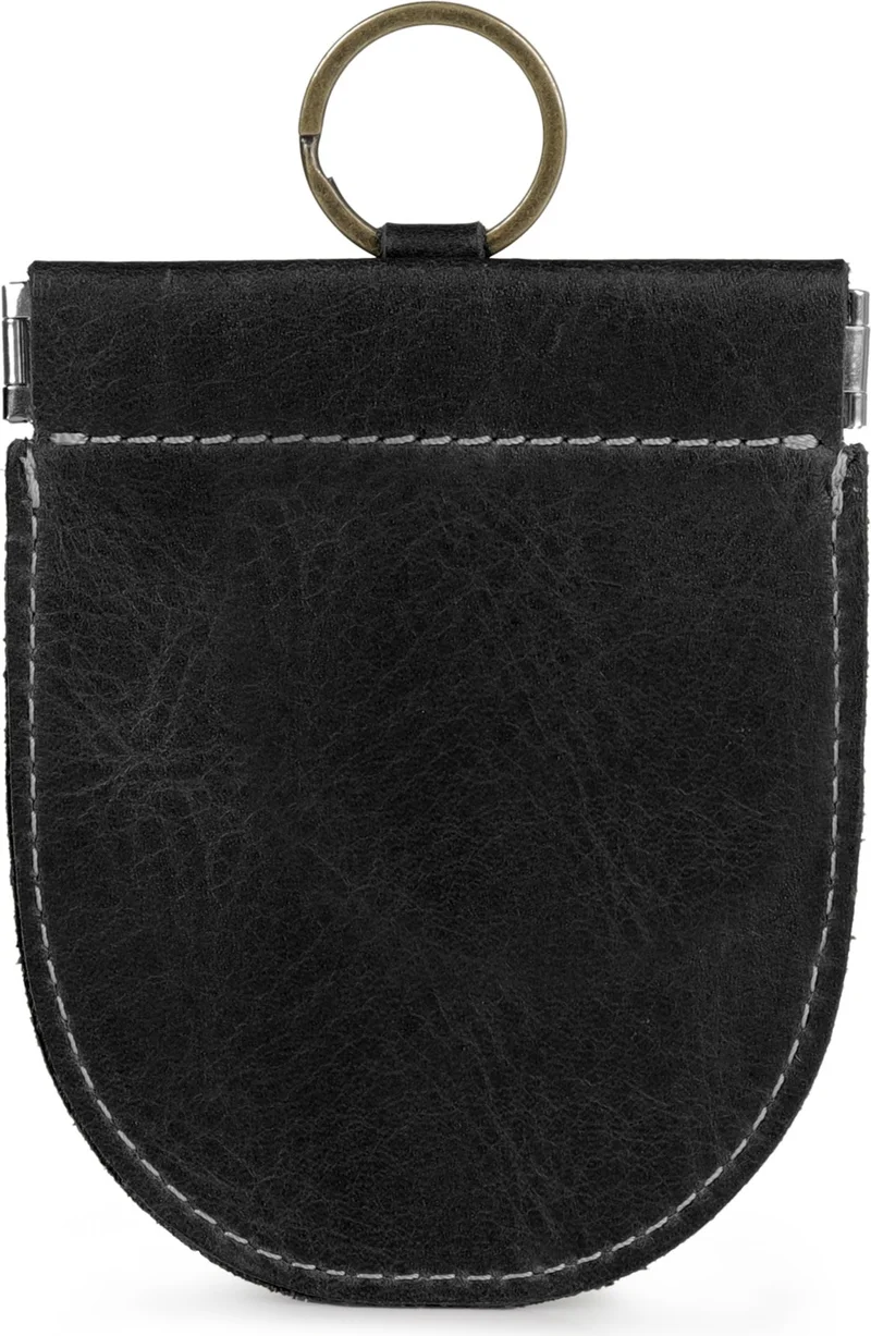 لوندو Genuine Leather Retro Design Spring Mechanism Pouch Keychain Black