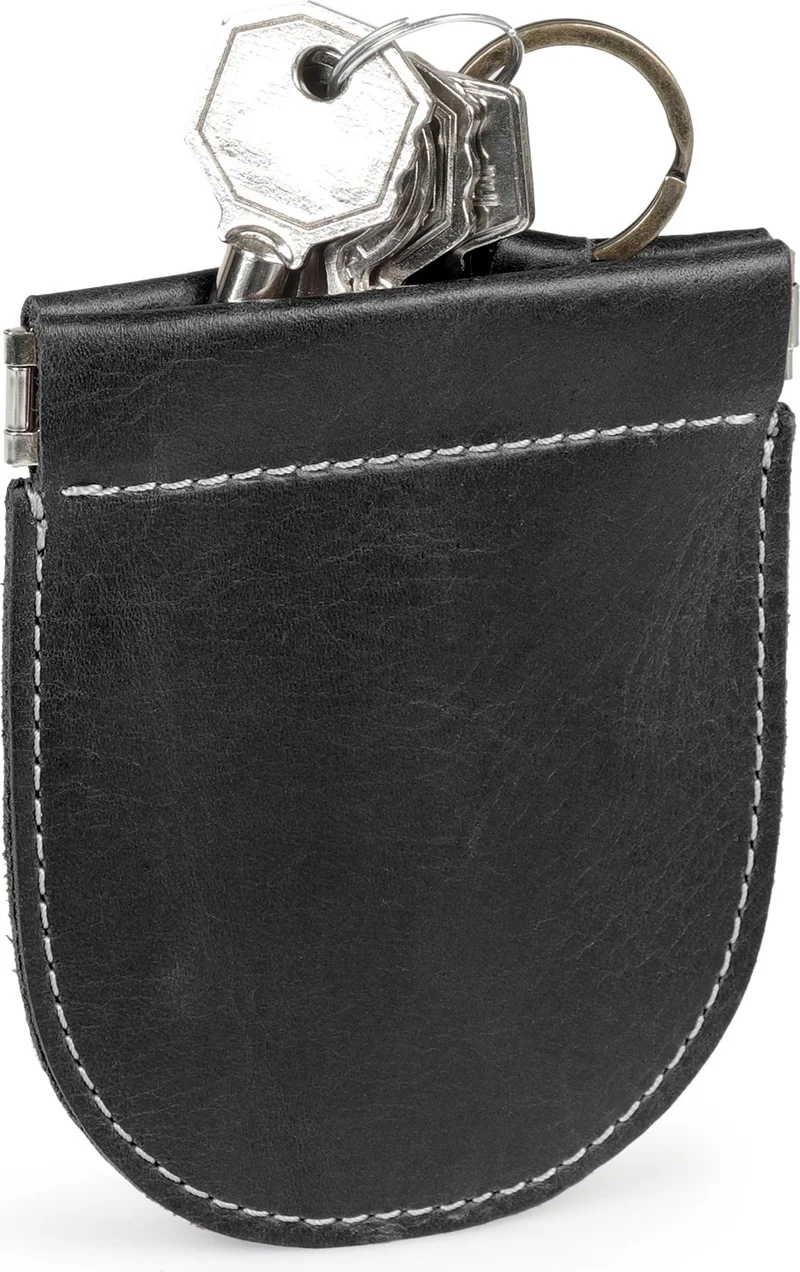 لوندو Genuine Leather Retro Design Spring Mechanism Pouch Keychain Black