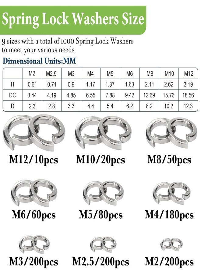Vifmy Spring Lock Washers Kit (1000 Pack) M2 M2.5 M3 M4 M6 M8 M10 M12 Metric Lock Washers Set, 304 Stainless Steel Lock Washers For Screws - Image 5
