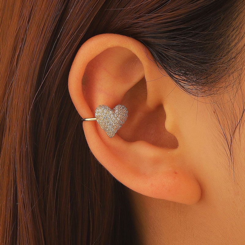ofeankri Cross-Border Sweet Full-Diamond Heart Ear Clip, Small Peach Heart Earring for Commuting - Image 1