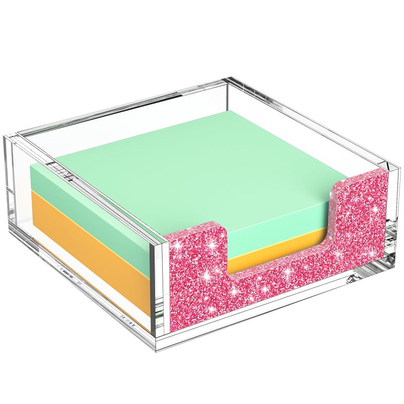 Rulyyo Acrylic Notepad Dispenser Organizer - 3 x 3 in Clear and Glitter Pink Sticky Note Holder W/O Pads Memo Holder for Dorm Room School Classroom Office Desk Organizer Aesthetic Supplies - Image 1