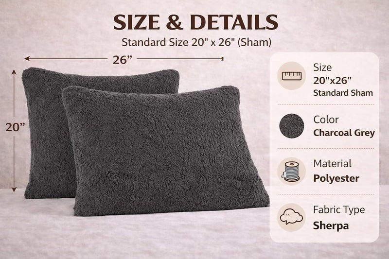 Reafort Ultra Soft Sherpa Pillowcases Pillow Covers Standard Size 20"x26" Pack of 2 with Zipper Closure (Charcoal Grey, 20”x26” Standard Sham) - Image 2
