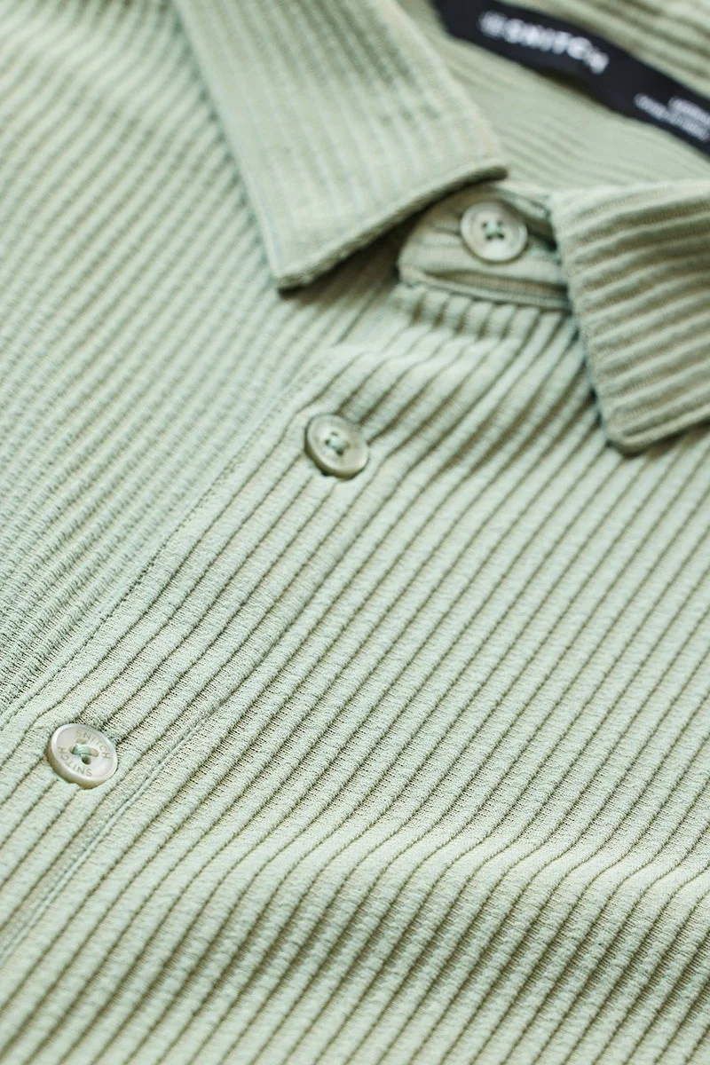 سنيتش Light Green Ribbed Long Sleeve Slim Fit Shirt