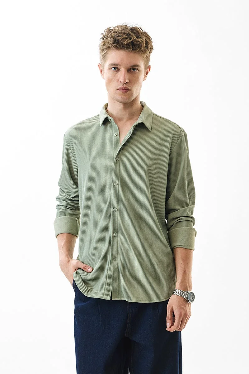 سنيتش Light Green Ribbed Long Sleeve Slim Fit Shirt