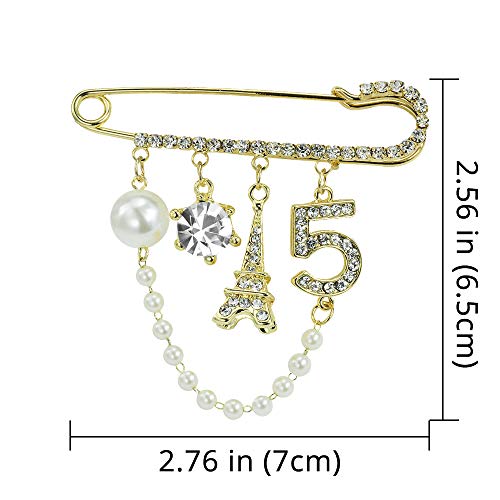 Mamfous Vintage Crown Number 5 Lapel Pins and Brooches for Women Rhinestone Jewelry with Simulated Pearl - Image 2