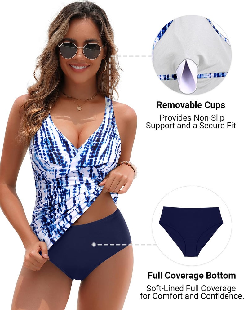 Yonique Tankini Swimsuits for Women Tummy Control Bathing Suits Two Piece Tankini Tops with Bikini Bottoms Twist Swimwear Blue Tie Dye M - Image 5