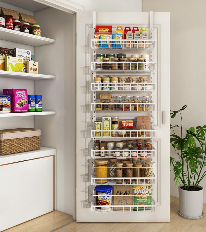 Mefirt Over The Door Pantry Organizer Wall Mount Spice Rack Pantry Hanging Storage and Organization 6 Adjustable Baskets HeavyDuty Metal for Home Kitchen Back of Door Seasoning Rack White