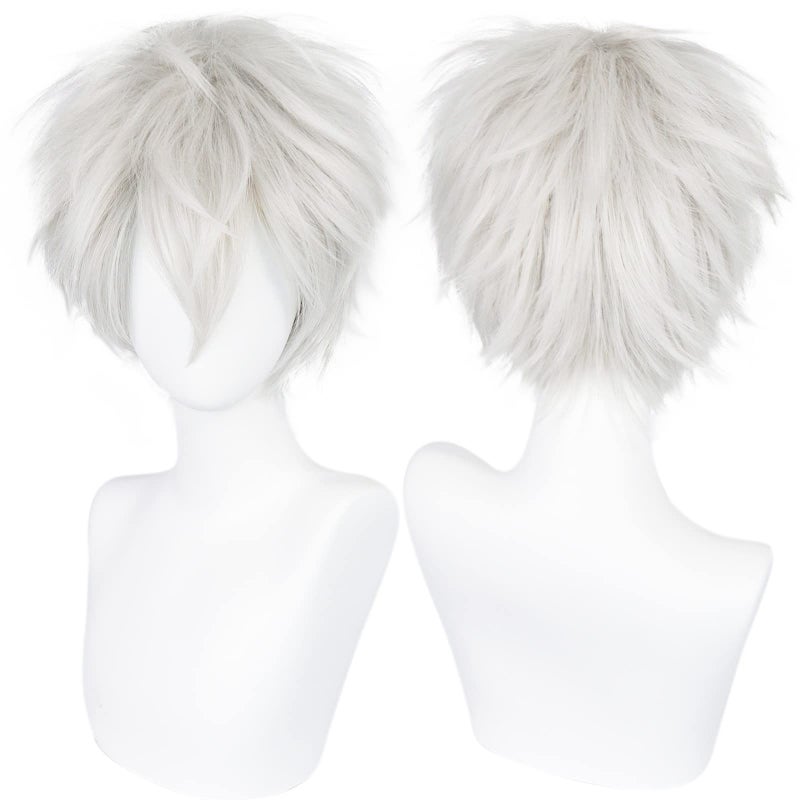 ANOGOL Hair Cap Short White Wig for Men Silver White Mens Cosplay Wig Short Silver Mixed White Anime Wigs with Bangs Ivory Hair Straight Fluffy Silvery Halloween Wigs Christmas Party Costume