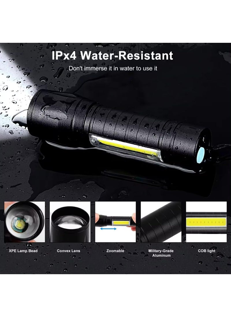 KhuHap KhuHap Torch Lights Rechargeable Mini LED Lamp Flashlight Zoomable 3 Modes with COB Light Function USB Charging Pocket Tourch for Emergency Use Pack of 1 Black Metal  - Image 4
