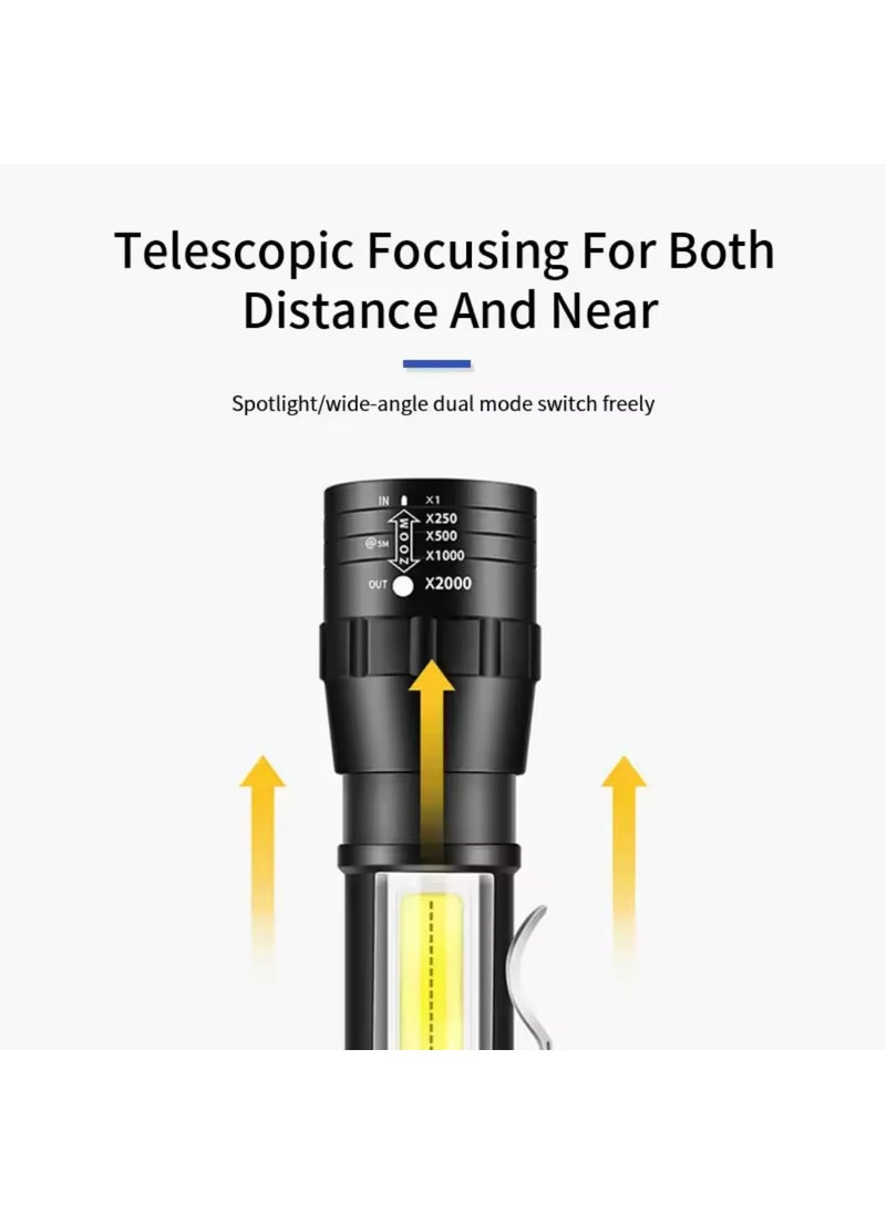 KhuHap KhuHap Torch Lights Rechargeable Mini LED Lamp Flashlight Zoomable 3 Modes with COB Light Function USB Charging Pocket Tourch for Emergency Use Pack of 1 Black Metal  - Image 2