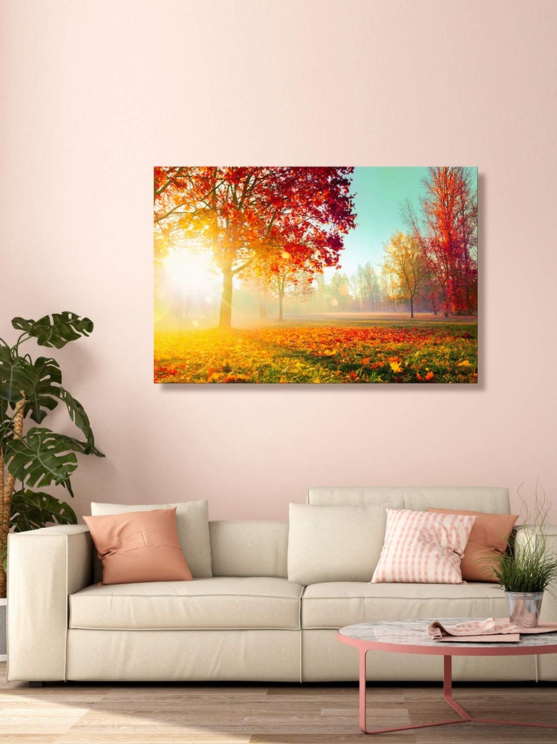 999STORE Wooden Stretched Framed Wall Painting Paintings For Bedroom Wall Art Living Room Dcor With Frames Sunrise Behind The Red Leaves Sunrise Painting 24X36 Inch Flp24360130