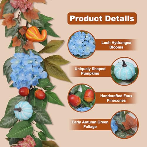 Montekin 6ft Fall Hydrangea Garland with Blue Pumpkins Autumn Artificial Floral Pumpkin Garland for Fireplace Mantle Porch Thanksgiving Table and Home Decorations - Image 3