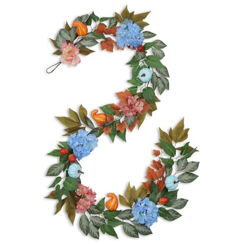Montekin 6ft Fall Hydrangea Garland with Blue Pumpkins Autumn Artificial Floral Pumpkin Garland for Fireplace Mantle Porch Thanksgiving Table and Home Decorations - Image 1