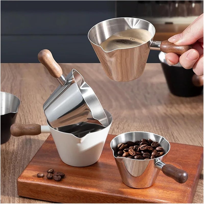 304 Stainless Steel Measuring Cup with Walnut Handle – Graduated Milk and Coffee Brewing Pitcher with Strap(Beige-B-200ML) - Image 3
